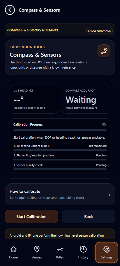 Compass and sensor calibration screen