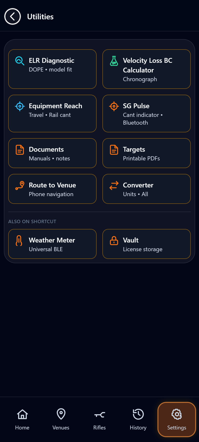 Utilities hub with ELR Diagnostic, Velocity Loss BC Calculator, Equipment Reach, SG Pulse, Documents, Targets, Route to Venue, Converter, and Weather Meter and Vault under Also on Shortcut