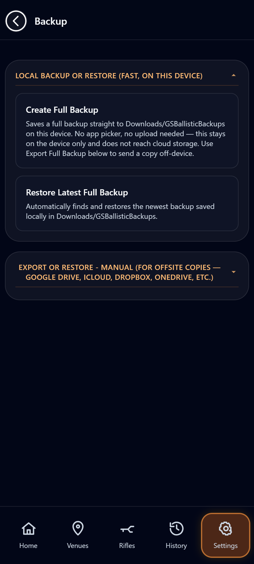 Backup screen with the Local Backup or Restore section open, and Export or Restore - Manual for offsite copies below