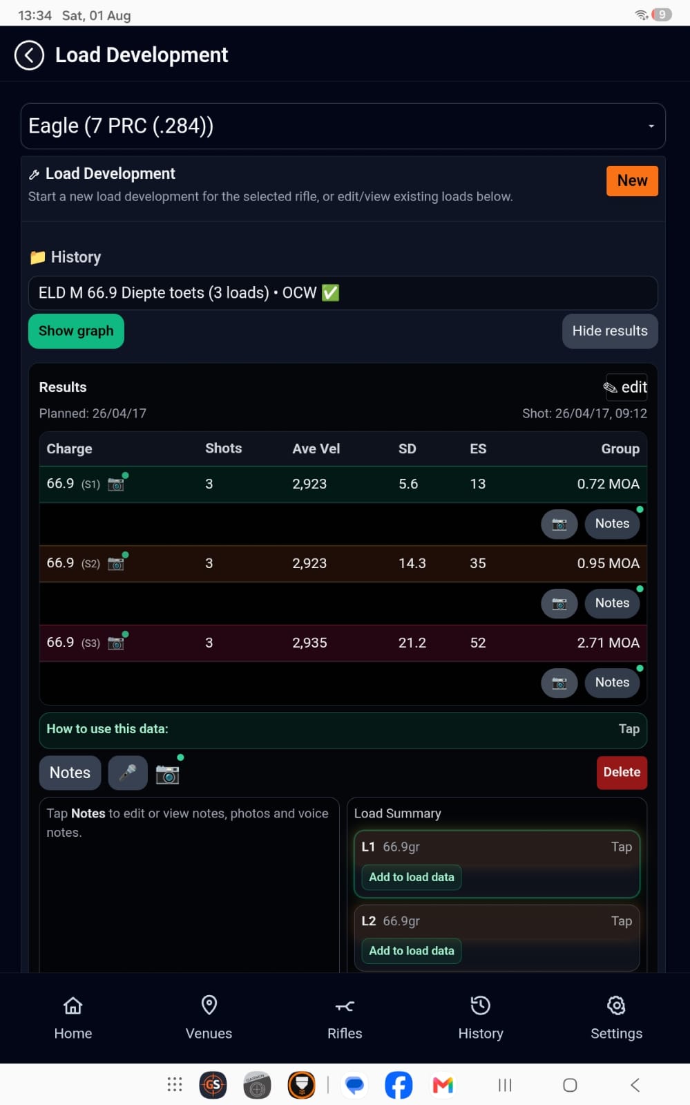 GS Ballistic Suite Load Development screen