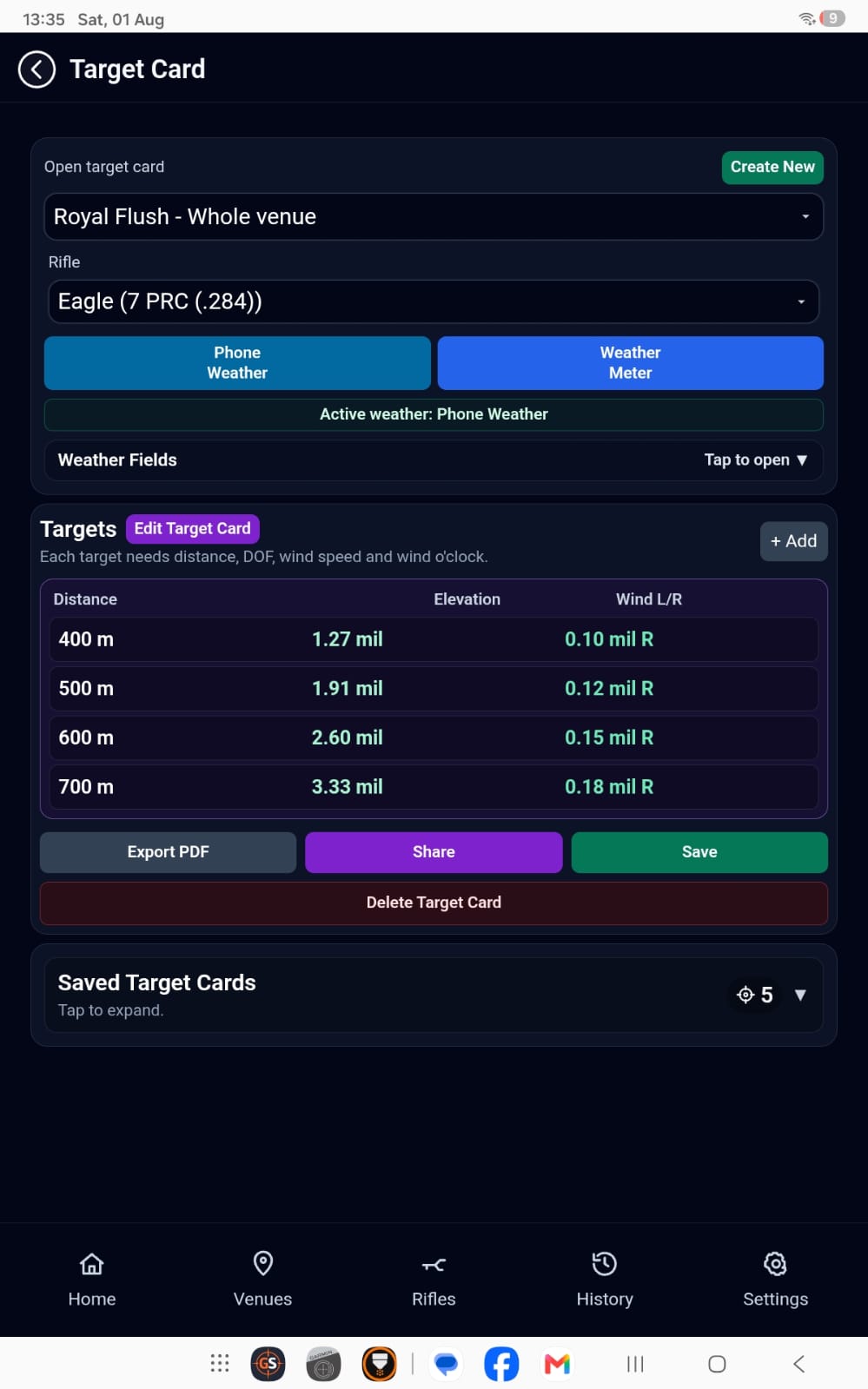 GS Ballistic Suite Target Card screen