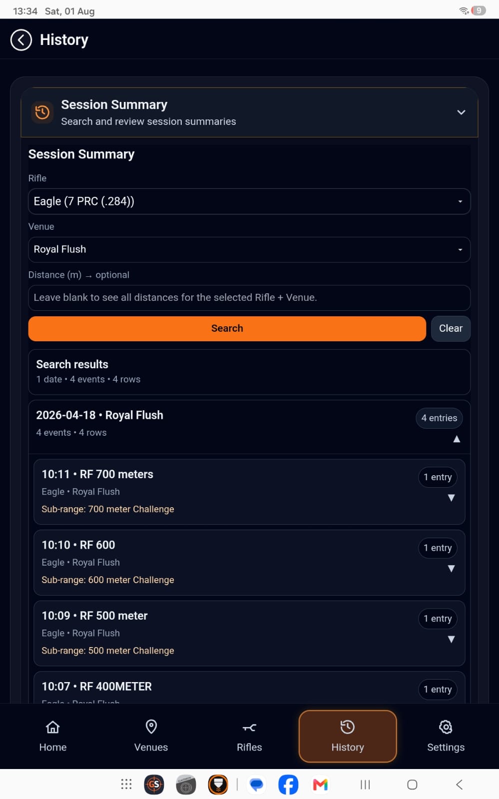GS Ballistic Suite Session History screen