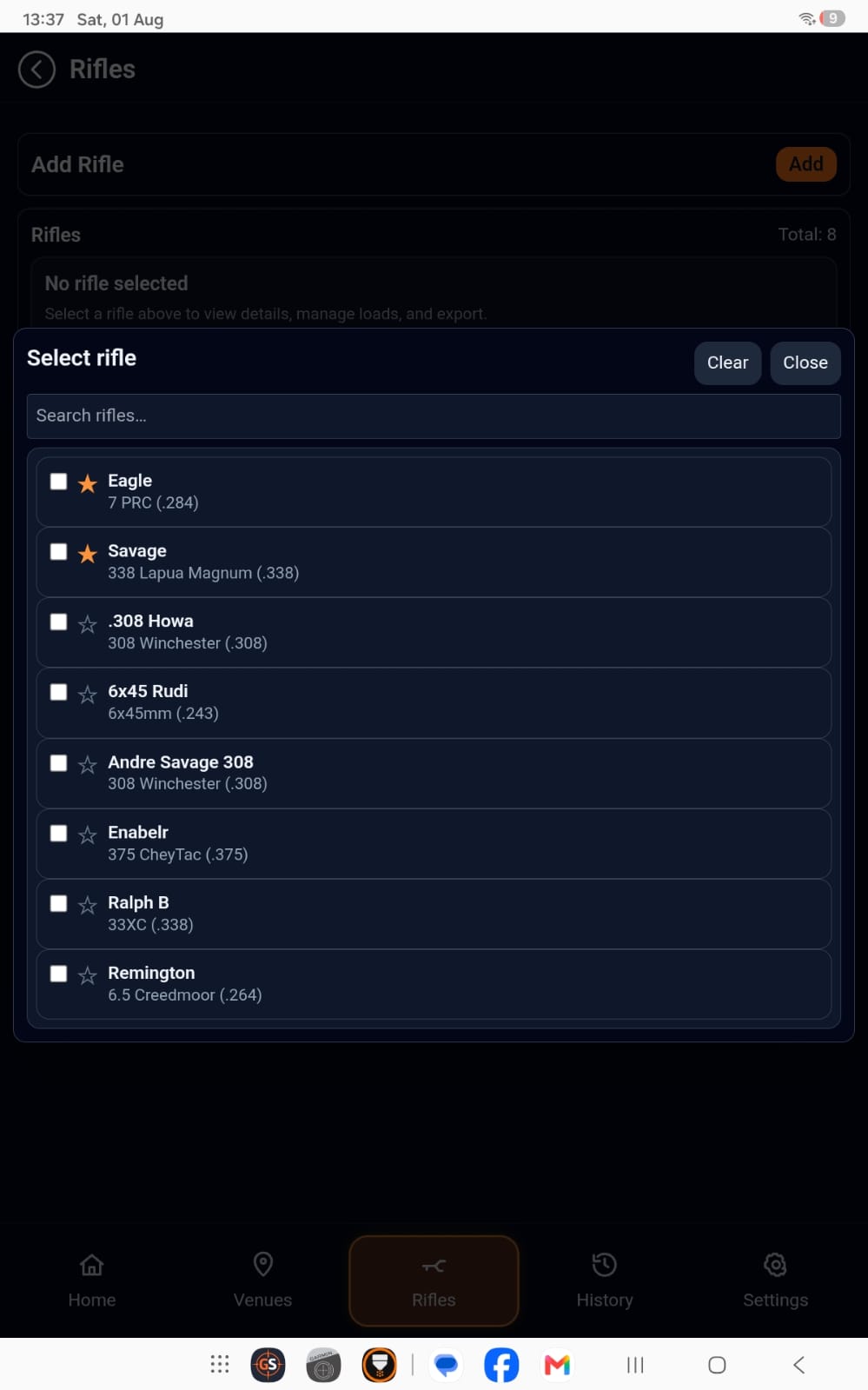 GS Ballistic Suite Rifle Management screen