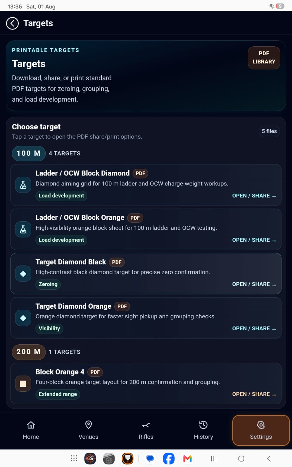 GS Ballistic Suite Printable Targets screen