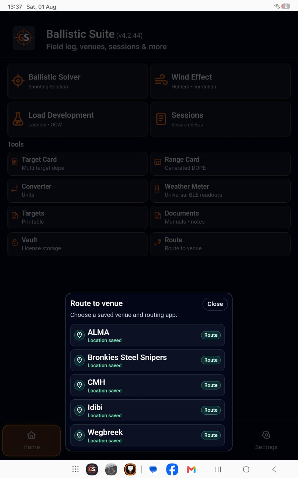 GS Ballistic Suite Route to Venue screen