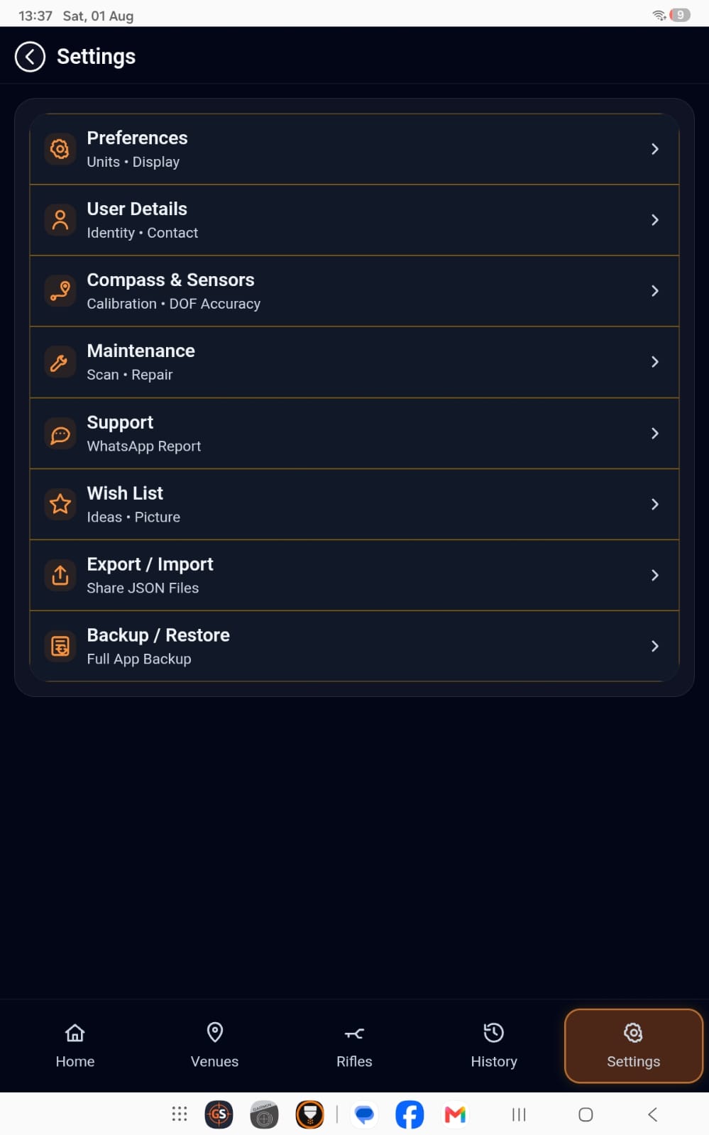 GS Ballistic Suite Settings and Backup screen