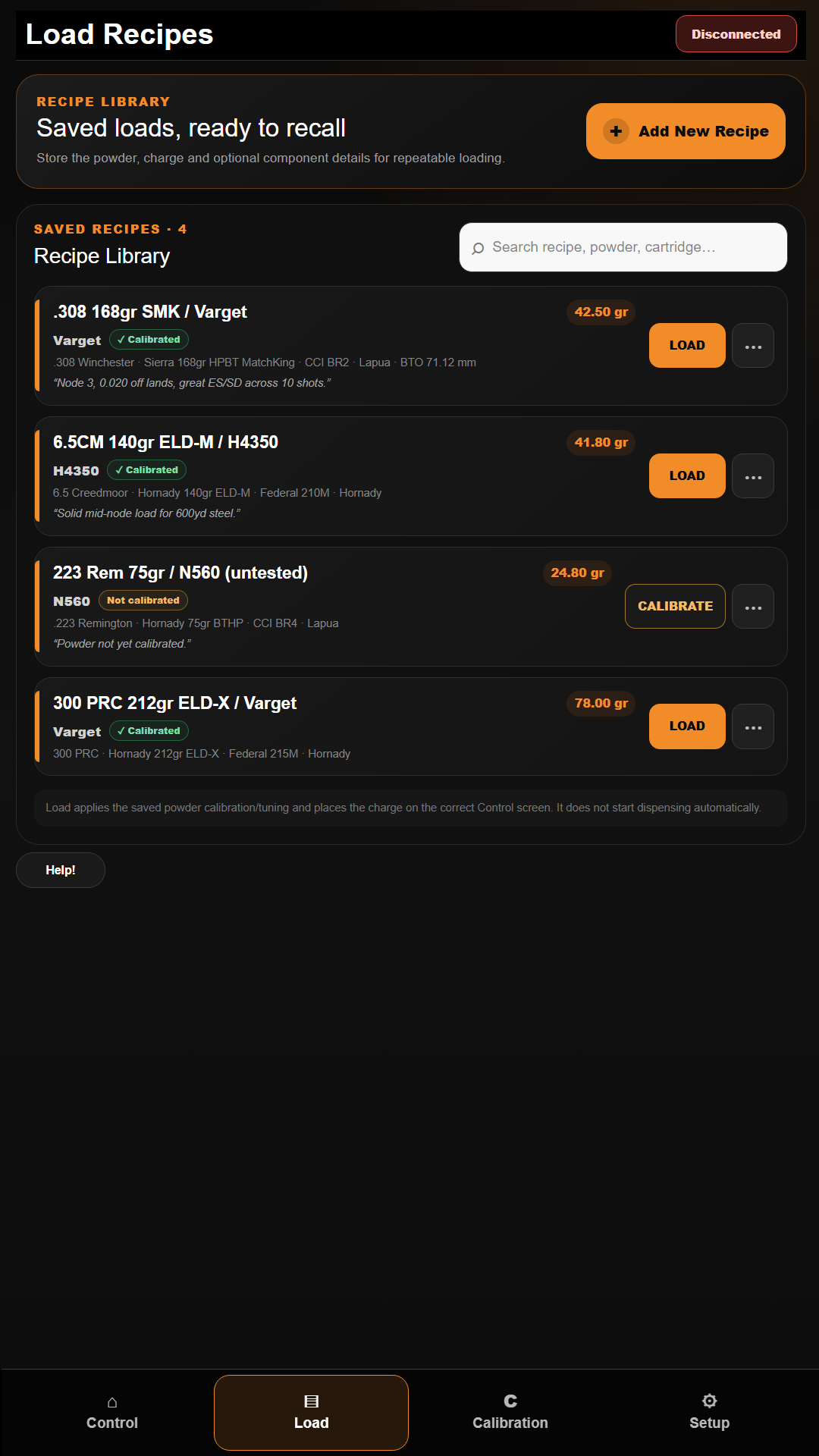 Universal Loader Load Recipes screen